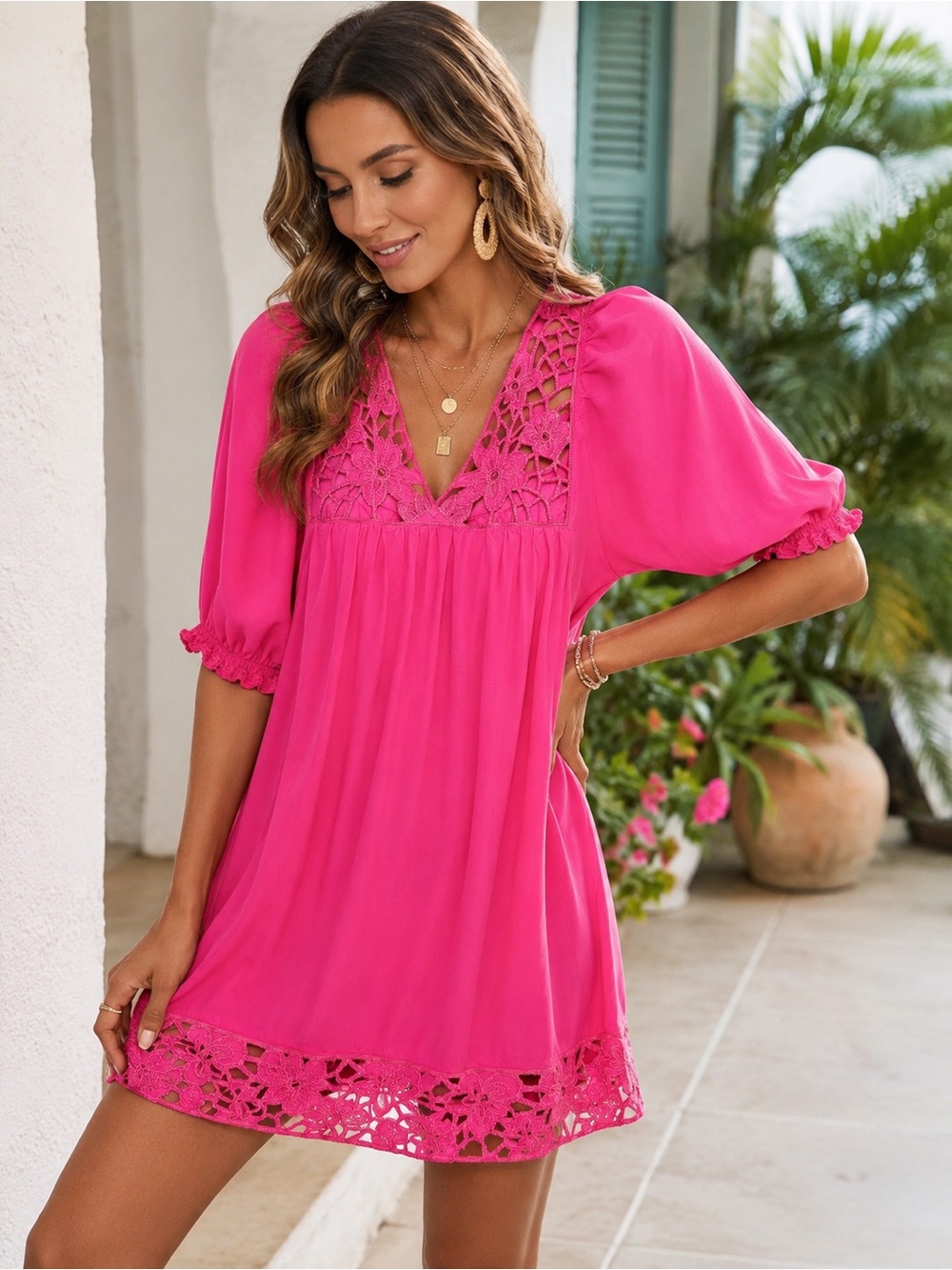 BCBGMAXAZRIA Pink Lace Tunic Top | Size Small | Boho | Babydoll Mini Dress